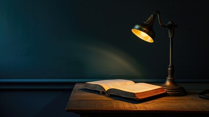 An old book lit by a desk lamp on a wooden table in darkness