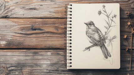 Sketchbook with detailed bird drawing on wooden surface