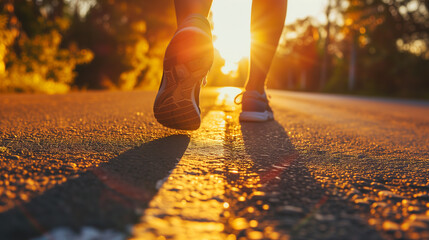 Close-up of a runner's feet on the asphalt road during a sunset, highlighting an active lifestyle and fitness.