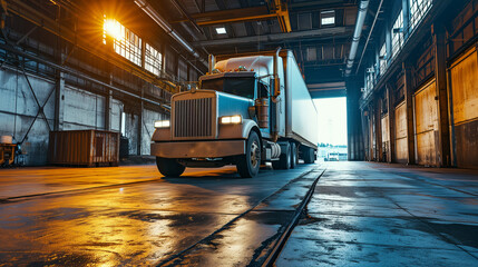 A semi truck parked inside a spacious industrial warehouse, with the sun setting through the windows casting a warm glow.