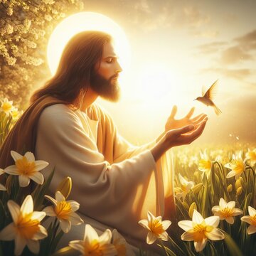 Jesus Christ with yellow daffodils on meadow at sunset
