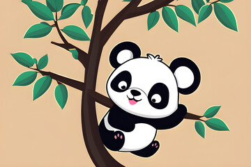 Naklejka premium Peaceful Mother Nature: The Flat Logo of a Cute Panda Cartoon on a Tree generative ai