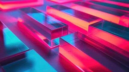 Neon lights radiate vibrant hues, with bright geometric blocks reflecting an abstract glow of color gradients.. - obrazy, fototapety, plakaty