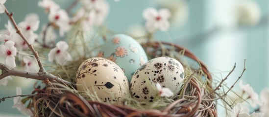 Obraz premium Easter egg decoration featuring pastel colors, floral embellishments, branches, and quail eggs in a basket.