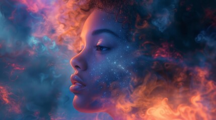 beautiful fantasy abstract portrait of a beautiful woman double exposure with a colorful digital paint splash or space nebula