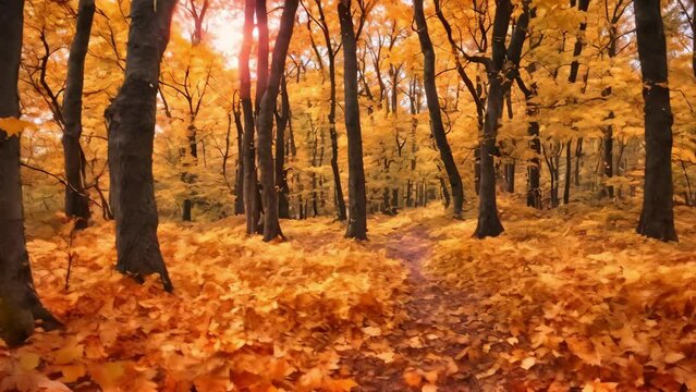 Enchanting Transitions: A Serene Stroll Along a Leaf-Strewn Forest Path