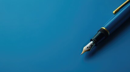 Gold-nibbed fountain pen lying on a blue background