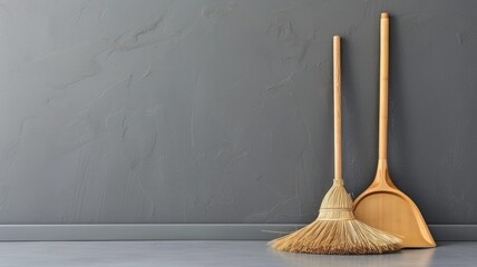 Classic wooden broom and dustpan set against a modern grey wall
