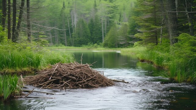 A beaver dam stands resiliently in a forest lake surrounded by lush greenery