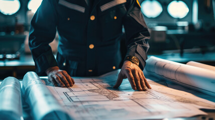 Naval officer examining blueprints on a desk