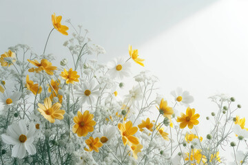 Top view floral arrangement with yellow flowers on a white background, Minimal fashion summer holiday concept. Flat lay