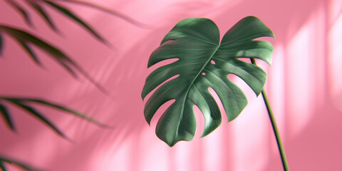 Tropical leaves on pink background, Minimal fashion summer holiday concept. Flat lay