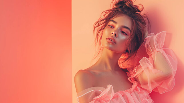 Beautiful fashion model dressed in peach fuzz color fluffy clothes.peach fuzz color trend 2024 background.