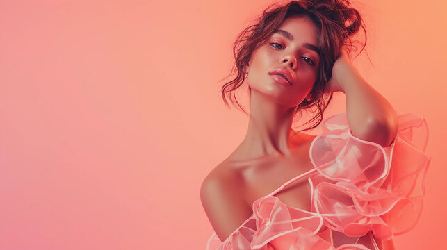 Beautiful fashion model dressed in peach fuzz color fluffy clothes.peach fuzz color trend 2024 background.
