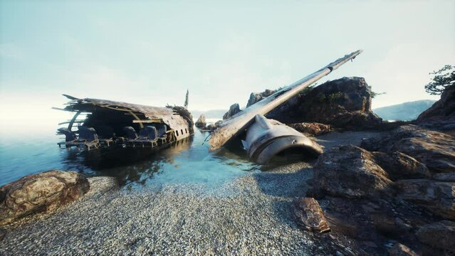 Crashed airplane on rocky island shore