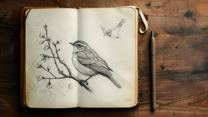 Detailed bird sketch in an open vintage notebook - obrazy, fototapety, plakaty