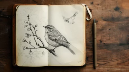 Tuinposter Detailed bird sketch in an open vintage notebook © Artyom