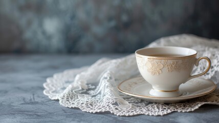 Vintage styled teacup on a delicate lace doily over a textured surface - obrazy, fototapety, plakaty