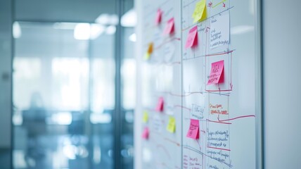 Whiteboard covered with vibrant post-it notes for brainstorming