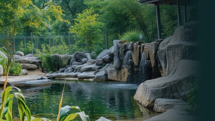 Tranquil artificial waterfall in lush garden setting