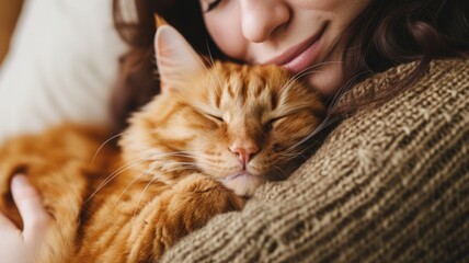 Cozy moment as a woman cuddles a sleeping orange tabby cat indoors