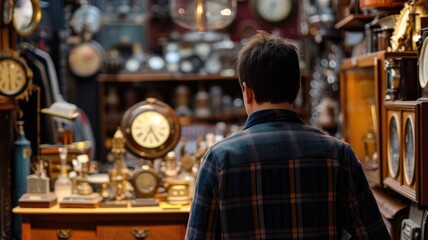 A man contemplating various antique clocks displayed in a shop - obrazy, fototapety, plakaty