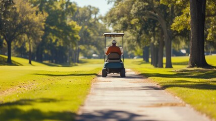A golfer riding a cart on a sunlit golf course