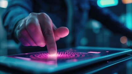 A hand touching a glowing holographic interface with futuristic technology and patterns