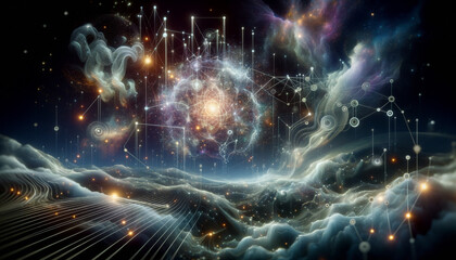 Obraz premium Surreal AI: Luminous web of interconnected nodes in a cosmic landscape