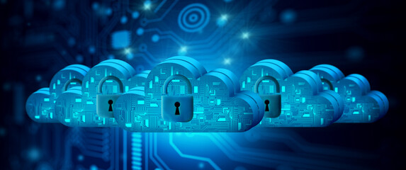 Cloud computing technology and padlock security icon. Internet Storage on data network with technology background. Security, Cloud Service, Cloud Storage Concept. 3D illustration.