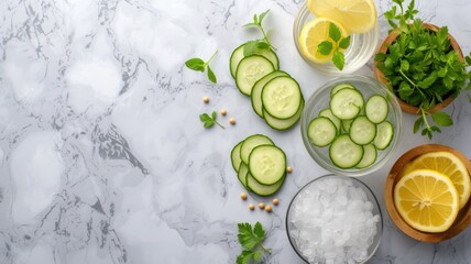 Obraz na płótnie Canvas Refreshing detox water with cucumber, lemon, and mint on a marble countertop