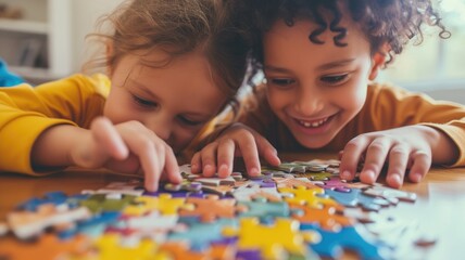 Two joyful children deeply engaged in solving a colorful jigsaw puzzle together - obrazy, fototapety, plakaty