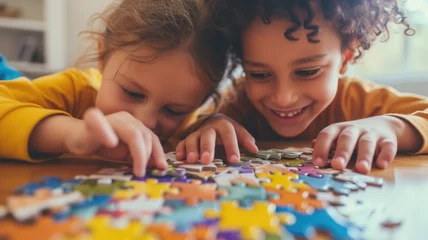 Foto op Plexiglas Two joyful children deeply engaged in solving a colorful jigsaw puzzle together © Artyom