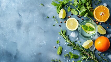 Ingredients for a refreshing summer drink on blue