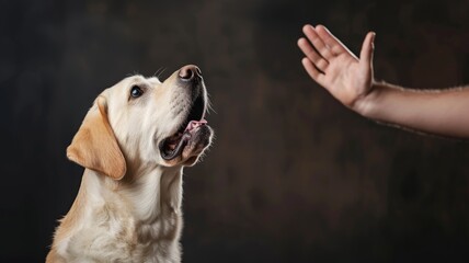 Attentive golden retriever looking at owner's hand