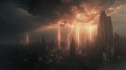 Fototapeta premium With eyes that crackle with electricity a Stormcaller hovers above a city skyline casting bolts of lightning down to the ground below.