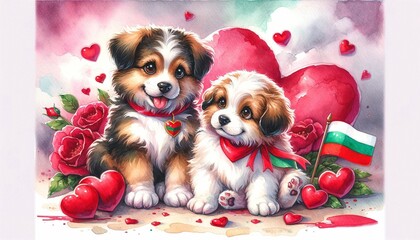 Fototapeta na wymiar A heartwarming watercolor concept illustration for Valentine's Day, featuring a cute couple of puppies with a Bulgarian theme 01