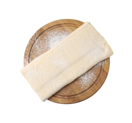 Raw puff pastry dough isolated on white, top view