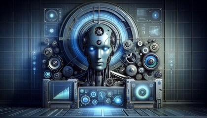 Sleek AI figure surrounded by futuristic machines and interfaces in a business intelligence setting.