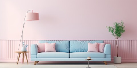 Living room with blue sofa, rug and lamp in light pink hue.