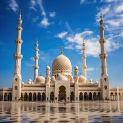 Fototapeta na wymiar The grand mosque stands tall and majestic against the backdrop of a clear blue sky, its intricate architecture and towering minarets a testament to its cultural significance, with generative ai