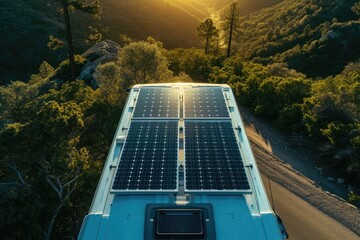 solar panels on a camper van roof, illustrating mobile and off-grid living - obrazy, fototapety, plakaty