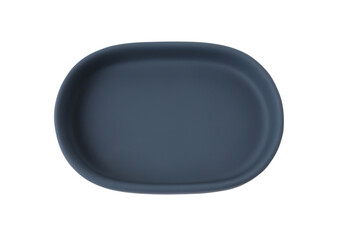 Bath accessory. Dark blue ceramic soap dish isolated on white, top view