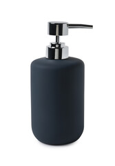 Bath accessory. Dark blue liquid soap dispenser isolated on white