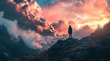 A solitary figure stands on a rocky outcrop, silhouetted against a dramatic sky filled with clouds illuminated by a vibrant sunset. The clouds are a mixture of deep pinks and oranges, giving a fiery a