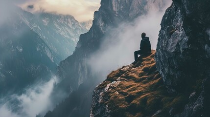A person sits on the edge of a rocky outcrop, overlooking a dramatic mountain landscape partly enveloped in mist. The person is dressed in dark clothing and is facing away from the camera, seemingly d - obrazy, fototapety, plakaty