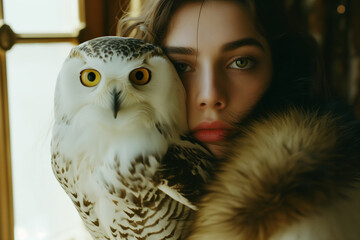 portrait of a beautiful young woman with an owl
