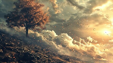 Fototapeta premium A majestic tree with fiery orange foliage stands alone on a rocky terrain. Its leaves are caught in a whirlwind, contributing to a dramatic scene as they are scattered into the sky filled with dynamic