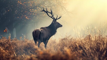 A majestic stag stands in a field of tall, golden grass. Its silhouette is accentuated by the warm, glowing light of a setting or rising sun that illuminates the scene with a soft, diffuse light. The 