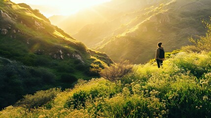 A person stands amidst wildflowers on a hillside, facing a mountainous landscape. The sun is peering through the mountains in the background, casting a warm glow over the scene. The individual appears